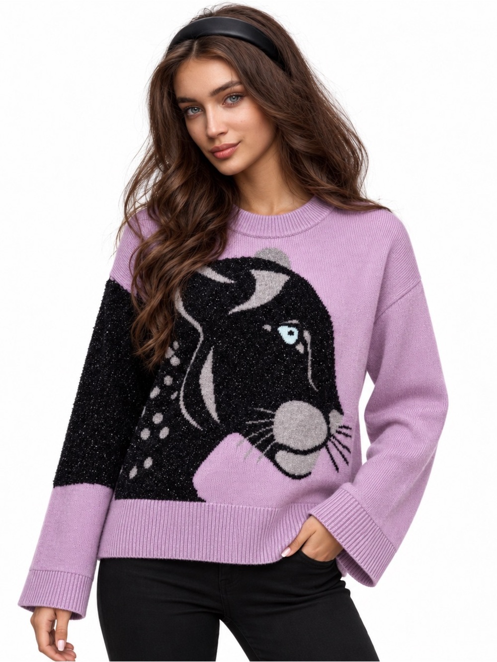 Kate Spade Wool Metallic Panther Graphic Sweater Purple Size M NWOT